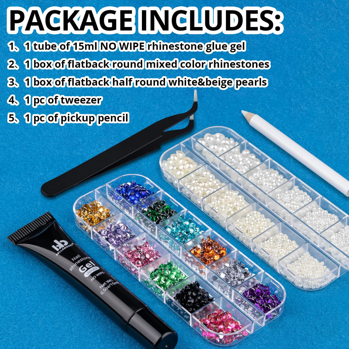 Nail Art Rhinestone Glue Gel&2 Boxes Flatback Gems Kit, 1 Tube of 15ml Rhinestone Gel Glue(UV/LED Needed)+Colorful Gems+Flat-Back Half Round White&Beige Pearls with Pickup Tools