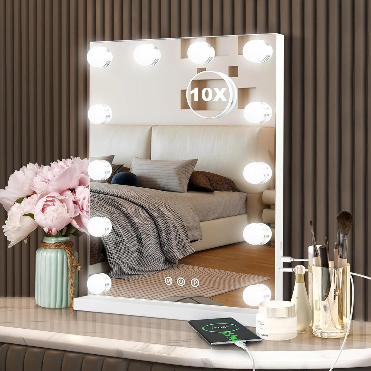 Hollywood Vanity Mirror with Lights, 12 Dimmable Bulbs, 3 Color Lights,Make Up Lighted Mirror, Aluminum Metal Frame, USB Charging Port（14" x 18"）