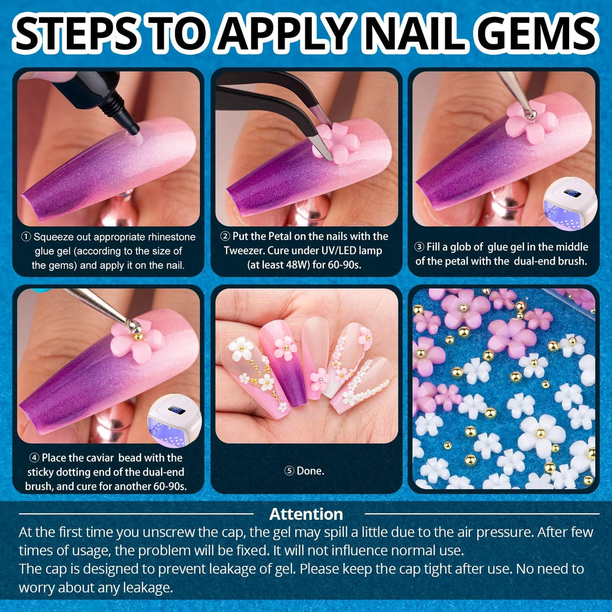Nail Art Rhinestone Glue Gel&Flatback Gems Accessories Kit, 1 Tube of 15ml Rhinestone Gel Glue(UV/LED Needed)+1 Box of Colorful 3D Flowers with Dual end Brush Tool and Tweezer