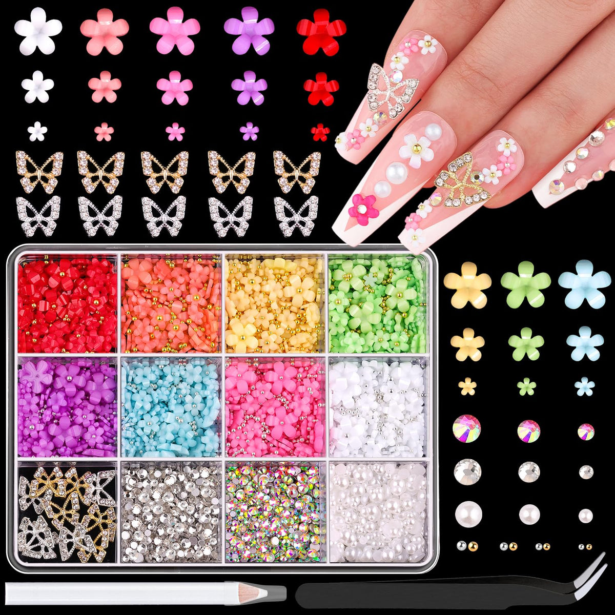 3D Nail Charms and Gems Set 11, 10PCS Gold and Silver Chunky Butterfly Nail Charms with Rhinestones, 3D Flowers for Nails, Flatback Crystals and Pearls + Picker Tool for Y2K Nail Decoration