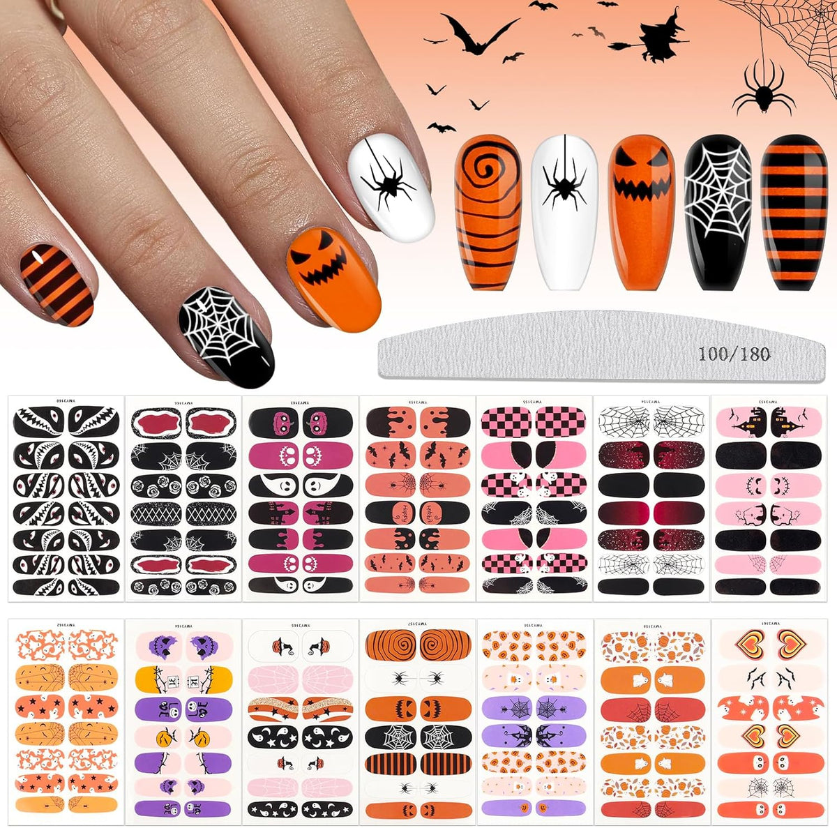EBANKU 14 Pcs Halloween Full Wrap Adhesive Nail Polish Stickers, Cute Ghost Bats Spider Webs Skeleton Nail Strips Wraps with Nail File for Halloween Party Decor