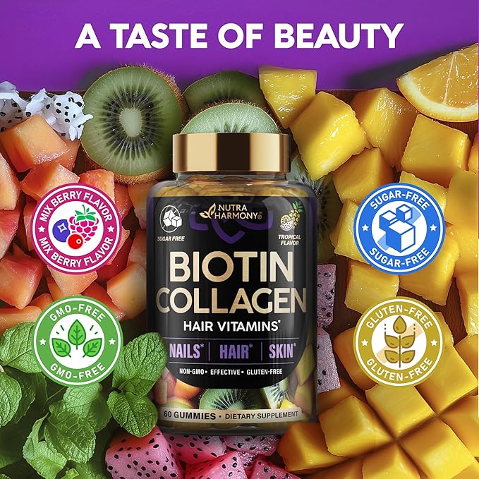Biotin Gummies with Collagen - Hair Growth Support Skin & Nail Strength - for Women & Men - Biotin 10000mcg | Keratin | Hyaluronic Acid | B-Complex | Saw Palmetto - Sugar-Free, Tropical Mix - 60 Gummy