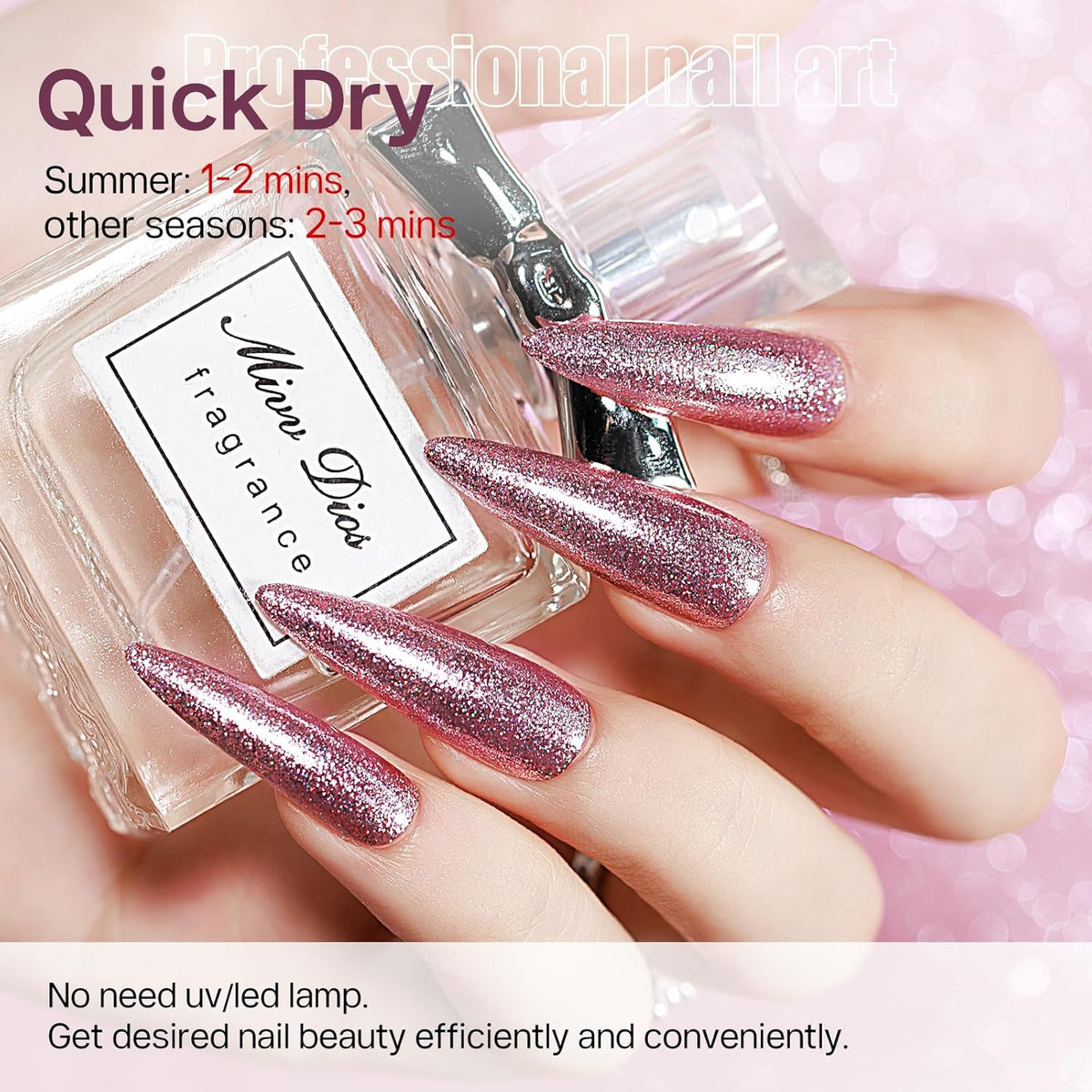 MIZHSE Quick Dry Glitter Pink Nail Polish, Shimmery Nail Polish Air Fast Drying, 15ml High Glossy Sparkly Shiny Nail Lacquer Nail Art Salon Manicure Home