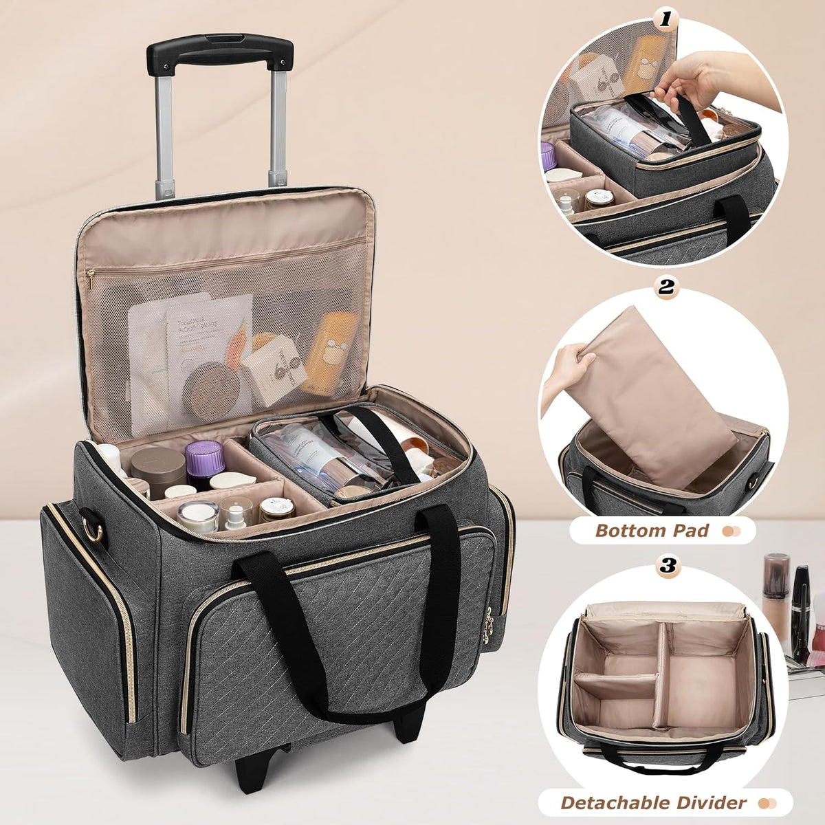 LUXJA Rolling Makeup Case with 3 Removable Pouches and 1 Makeup Brush Bag, Large Makeup Bag Cosmetic Bag with Detachable Dolly (Patented), Gray