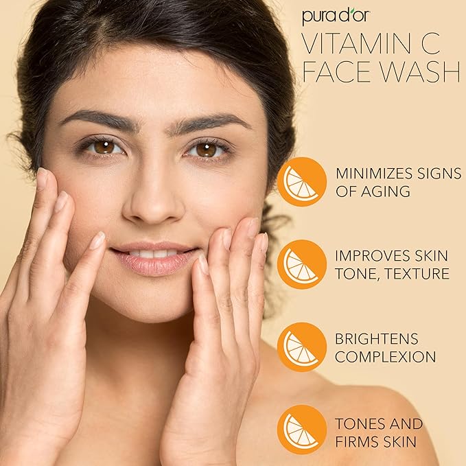 PURA D'OR Vitamin C Face Wash (8oz x2 = 16oz) Antioxidant Rich Facial Cleanser For Radiant Glow & Even Skin Tone - Gentle, Refreshing, Nurturing, Hydrating, Sulfate & Paraben Free Formula
