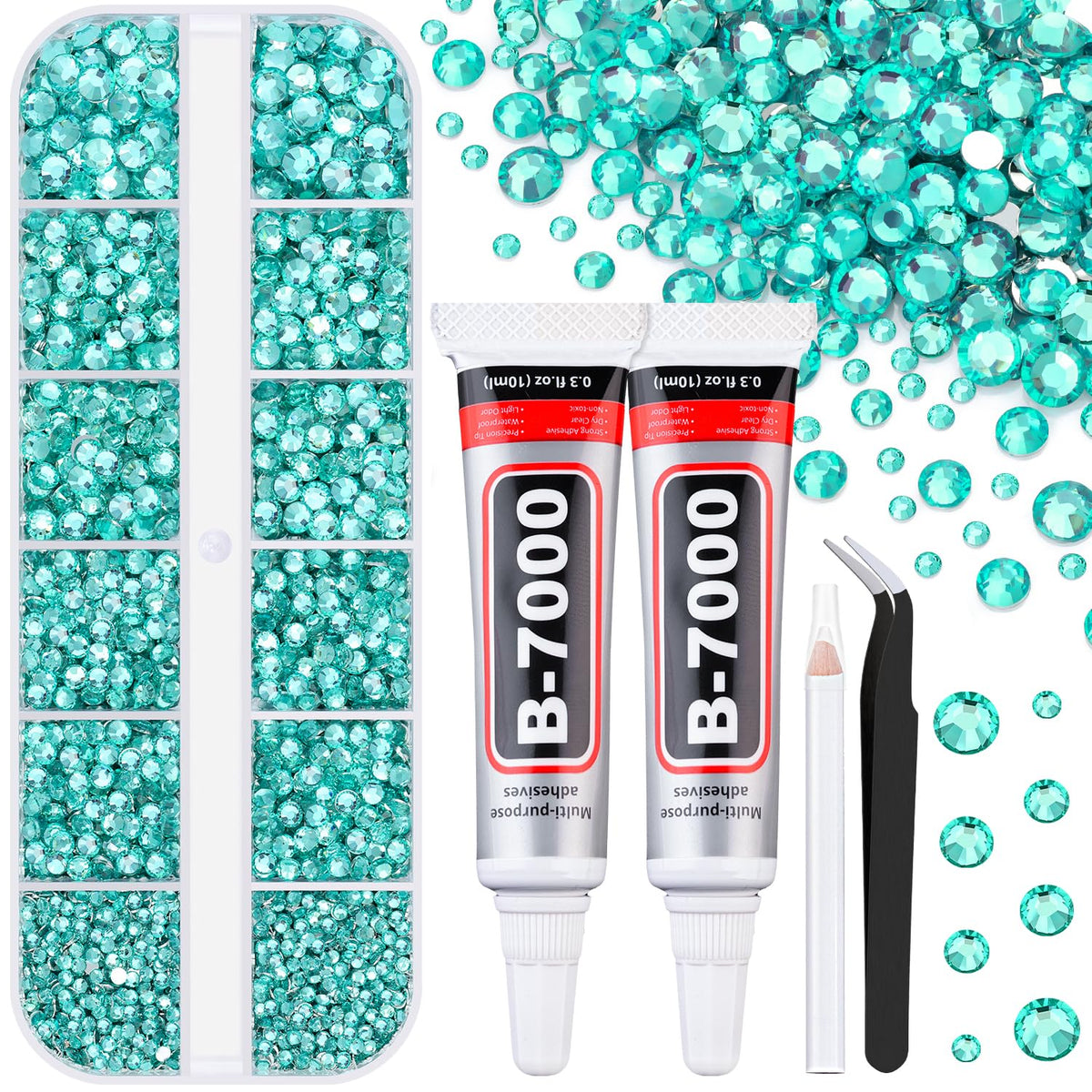 6100Pcs Resin Rhinestones for Crafting with 2Pcs 10ml B7000 Jewelry Glue, 1 Box Flatback Crystals Diamond (Aquamarine) for Bedazzling Crafts DIY Nail Art，Non Hotfix Gems for Clothing Shoes Tumblers
