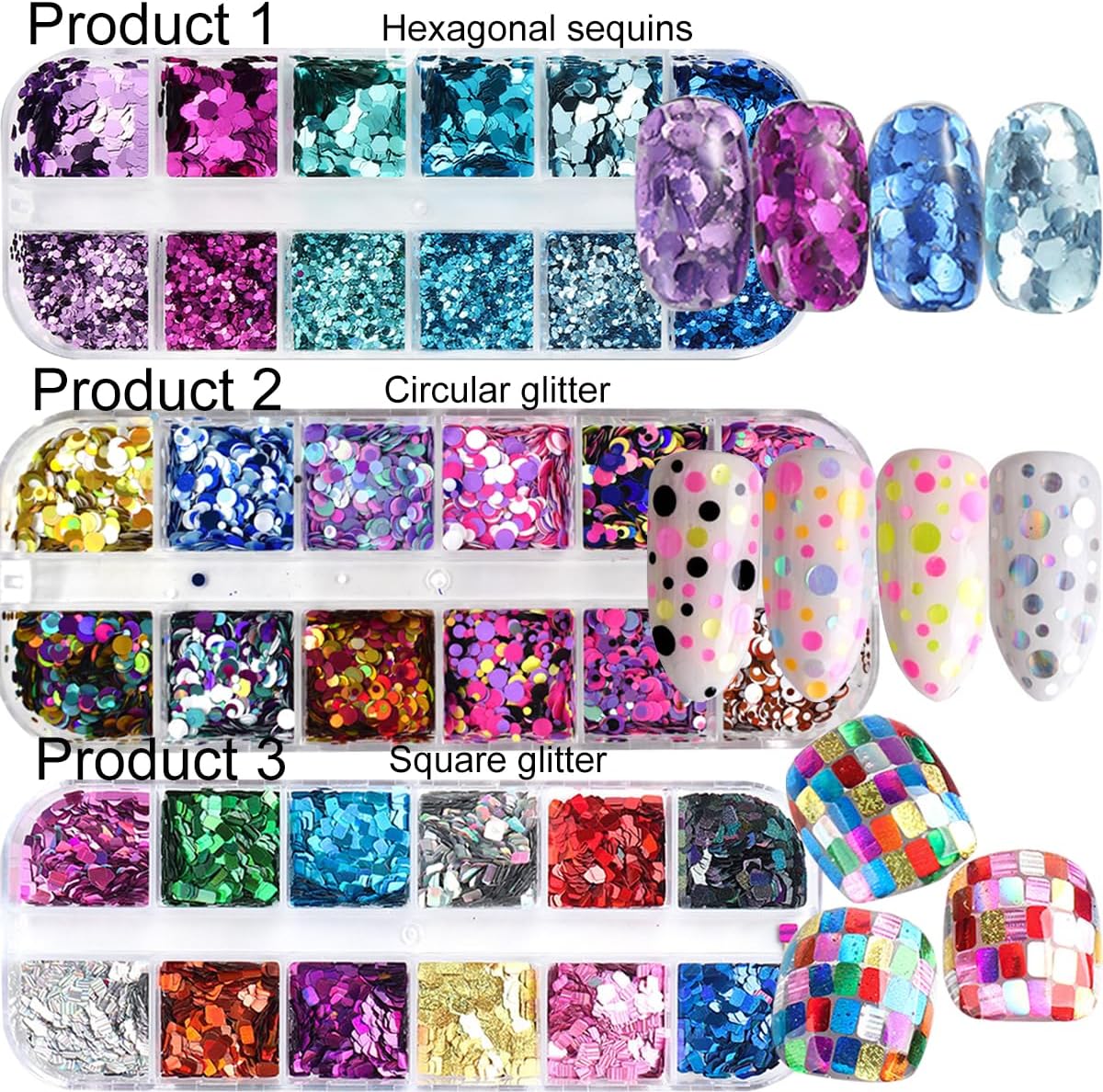 3 Boxes 36 Grids Holographic Nail Art Sequins Mermaid Hexagon Round Square Nail Glitter Decoration,DIY Chunky Holographic Supplies 3D Laser Flakes Sparkly Acrylic