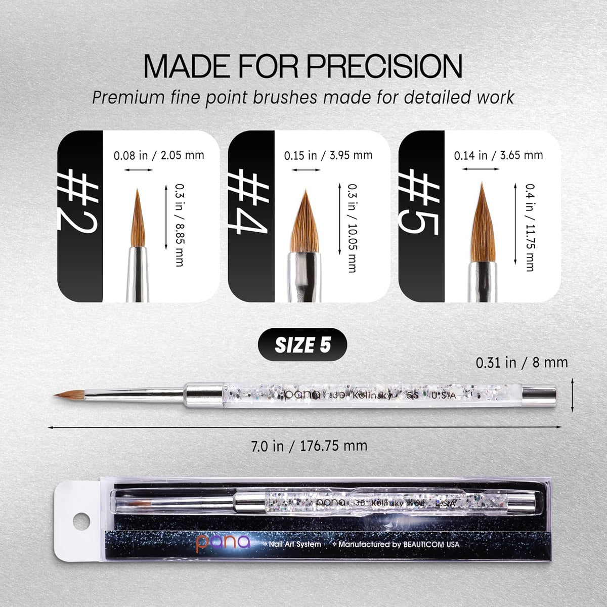 PANA 3D Kolinsky Nail Art Brush - Silver Glitter Handle, Size 5 - Acrylic Nail Art Sculpture Brush for Manicures Pedicure Salon Professional or Beginner