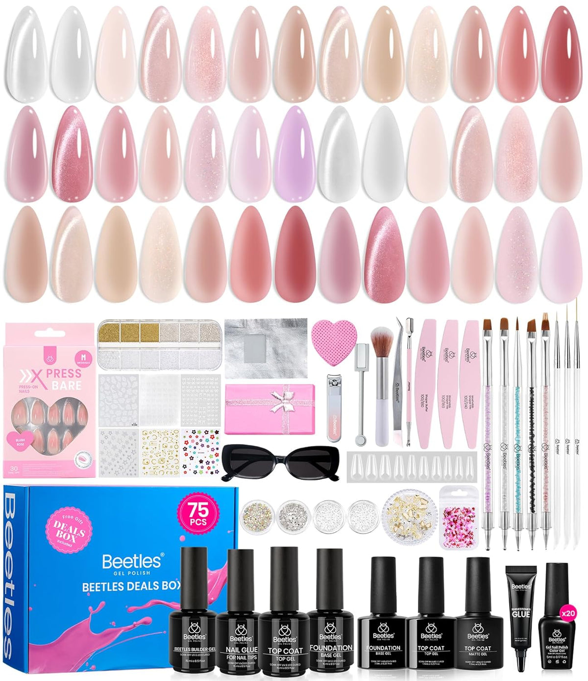 Beetles Jelly Gel Nail Polish Set - Gift Box Nude Sands Collection 75 PCS 20 Colors Jelly Nail Polish Kit Nude Pink Milky White Glitter Silver Cat Eye Base Glossy Matte Top Coat Gift for Women