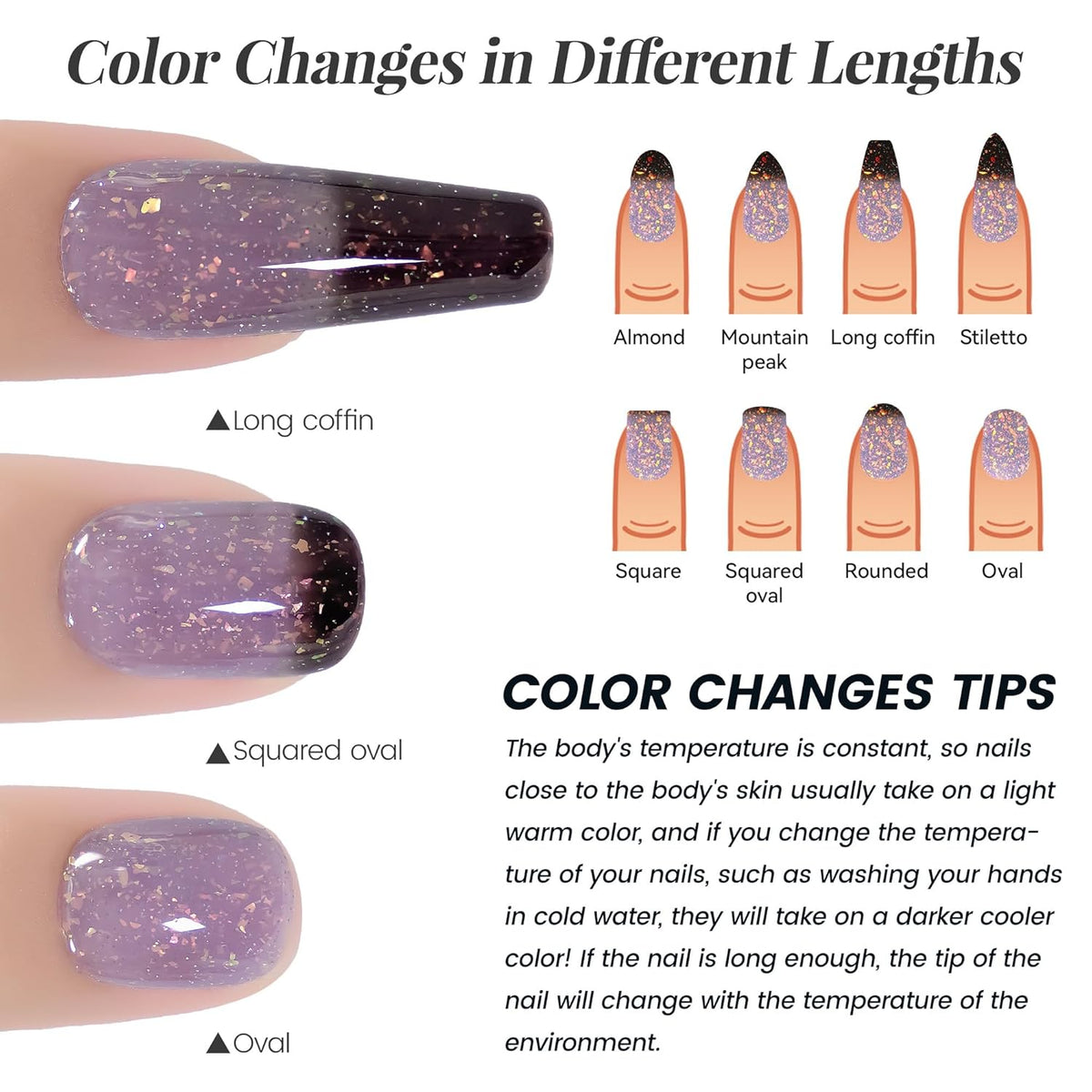 YTD Likomey Brocade Glitter Color Changing Gel Nail Polish,15ml Grayish Purple To Black Shimmer Mood Temperature Change Colors Iridescent Flakes,Fall Winter Ombre Thermal UV Gel,WB348