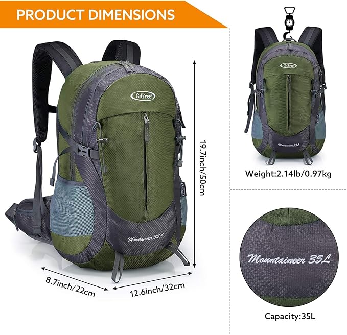 G4Free 35L Hiking Backpack Water Resistant Outdoor Sports Travel Daypack Lightweight with Rain Cover for Women Men (Army Green)