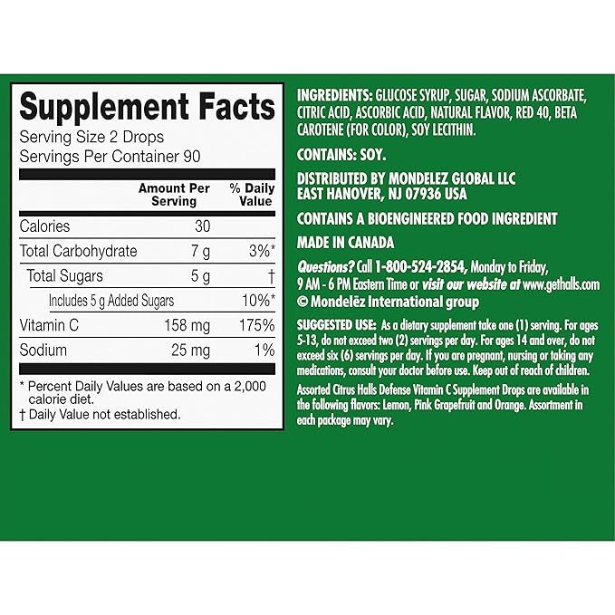 HALLS Defense Assorted Citrus Vitamin C Drops, 20 Sticks of 9 Drops (180 Total Drops)