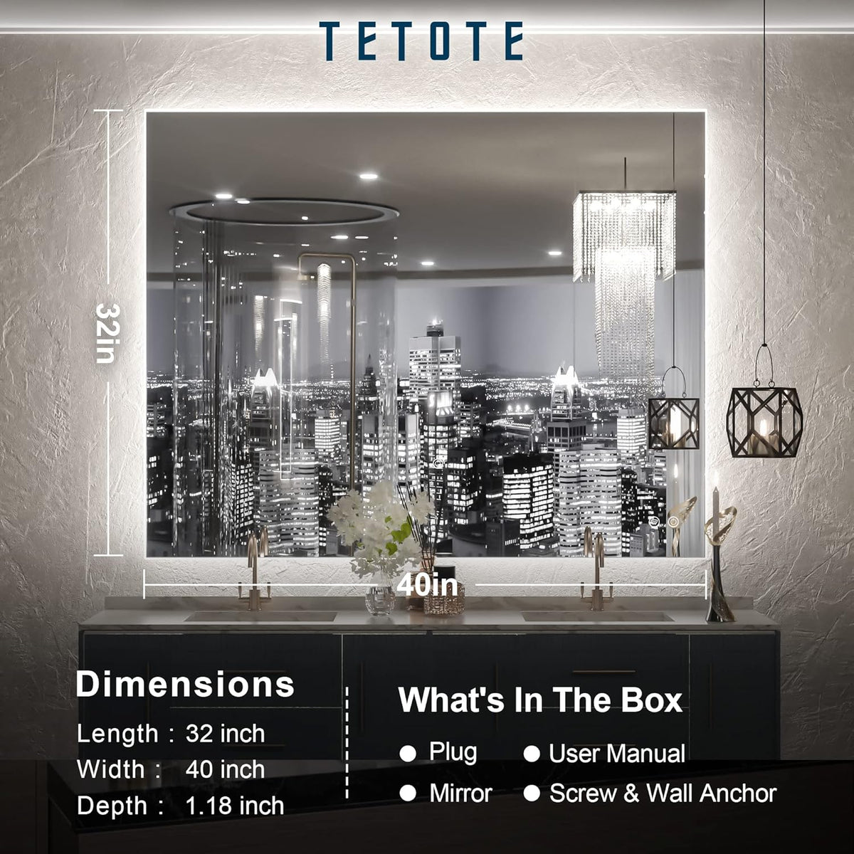 TETOTE 40 x 32 LED Backlit Bathroom Mirror with Light,3Color White/Warm/Natural,Anti-Fog Lighted Mirror,Dimmable,Vanity Mirror,Wall Mounted