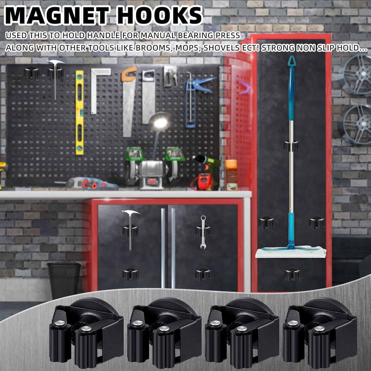 20 Pcs Magnetic Mop Broom Holder Movable Magnetic Broom Holder Rack, Anti Slip Wall Mounted Utility for Cleaning Tools, Garage, Kitchen, Laundry, Garden (Black)