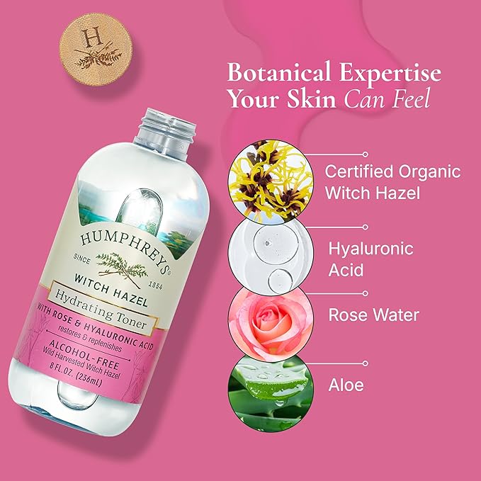 Humphreys Witch Hazel Hydrating Toner | Wild Harvested Witch Hazel & Rose | Natural, Alcohol-Free Formula | Balancing & Hydrating | Clears Pores | 8 Fl Oz