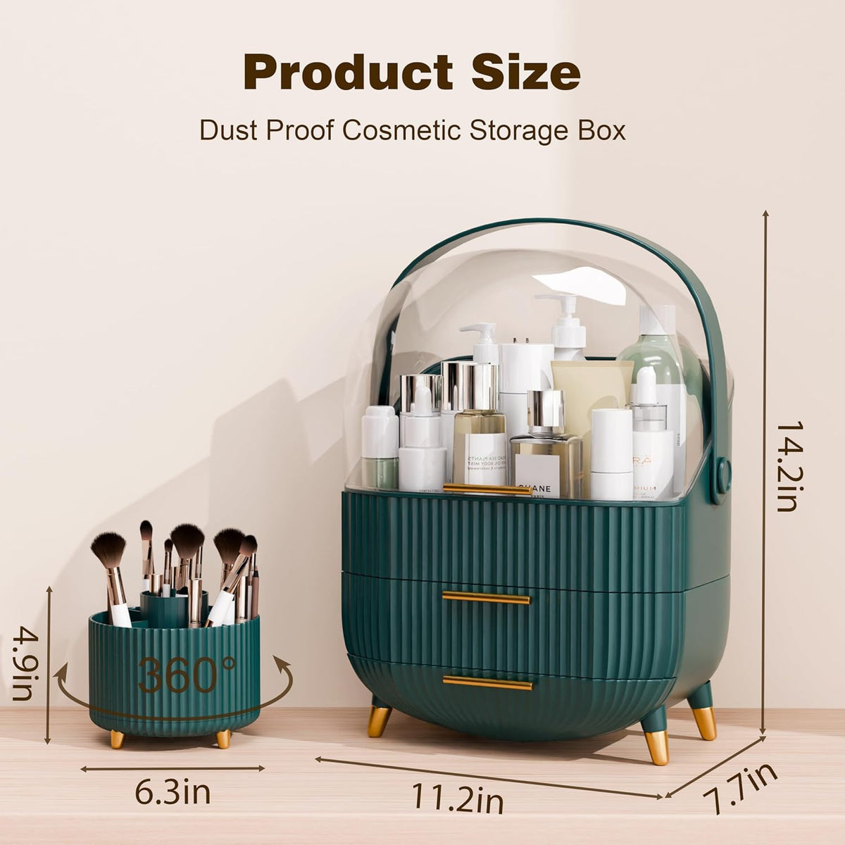 Makeup Organizers and Storage Make up Organizer for Vanity Cosmetics Skincare With Lid and Drawers Display Cases for Countertop Bathroom Women Teenager Girl Gifts(Dark Green+Brush Holder)