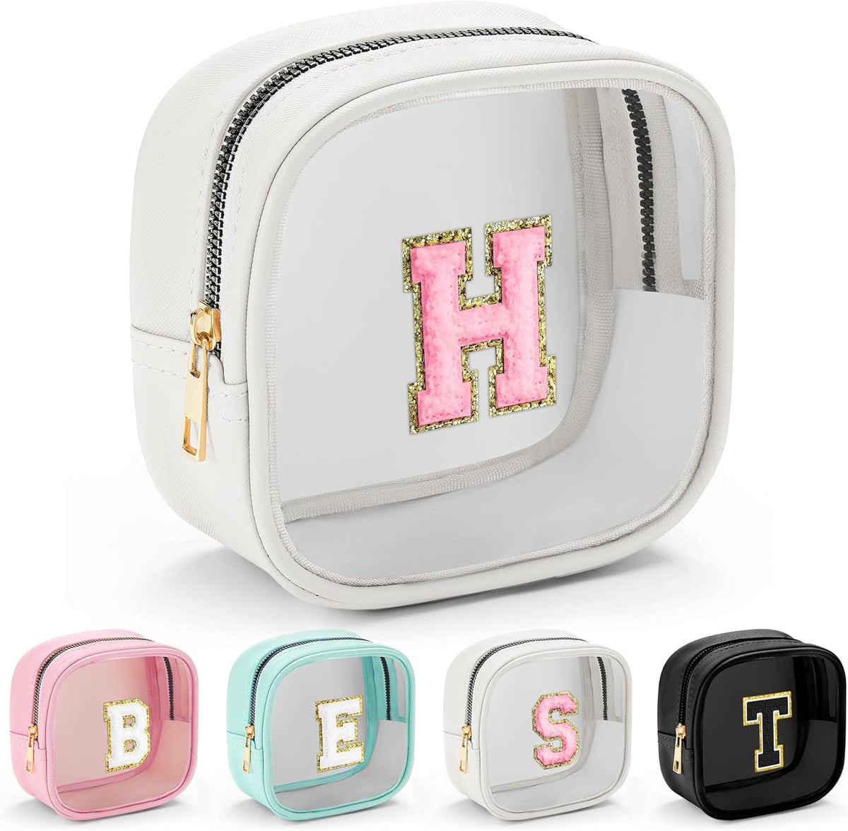 YOOLIFE Initial Make Up Bag Travel Toiletry Bag, Clear Makeup Bag Preppy Cosmetic Bags Organizer Travel Essentials Gifts for Women Teen Girlfriend Teacher Mom Birthday Mothers Day Gifts White H