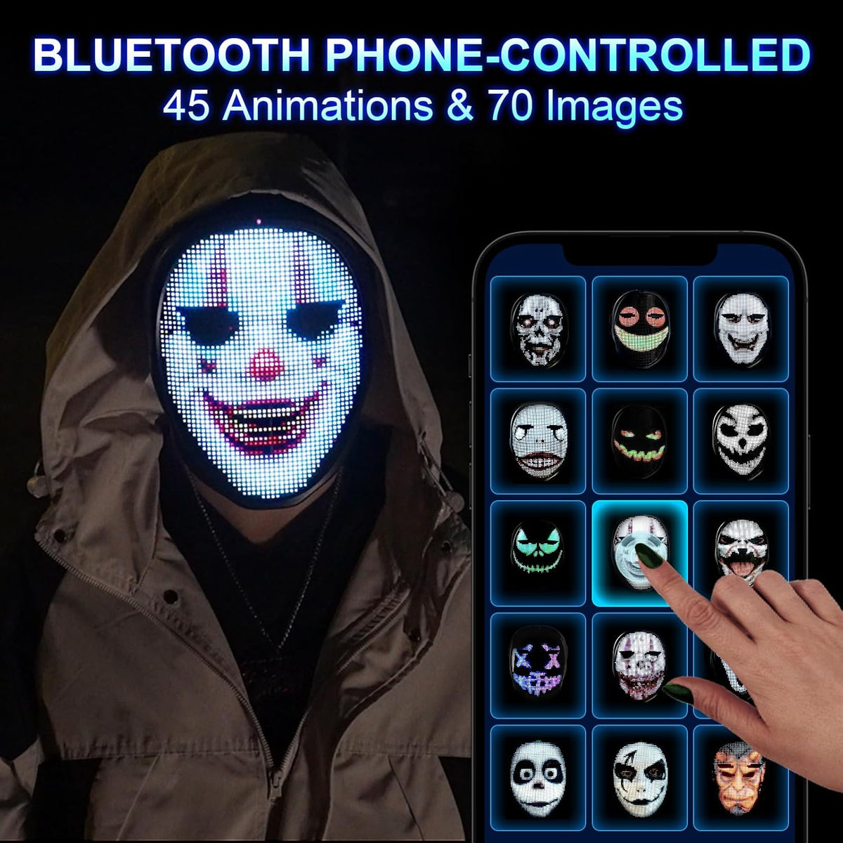Face Transforming LED Mask with Bluetooth Programmable - LED Light Up Halloween Mask Digital Luminous Mask for Costume