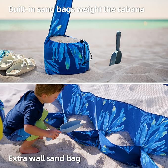 AMMSUN Beach Cabana, 6.2'×6.2' Beach Canopy, Easy Set up and Take Down, Cabana Tent with Sand Pockets, Instant Sun Shade with Side Wall, Blue Paint