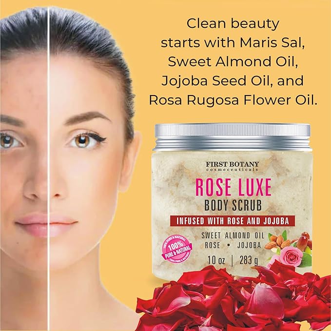 First Botany Body Scrub - Natural Exfoliating Salt Scrub & Body and Face Souffle helps with Moisturizing Skin, Acne, Cellulite, Dead Skin Scars, Wrinkles (10 fl oz, Rose)