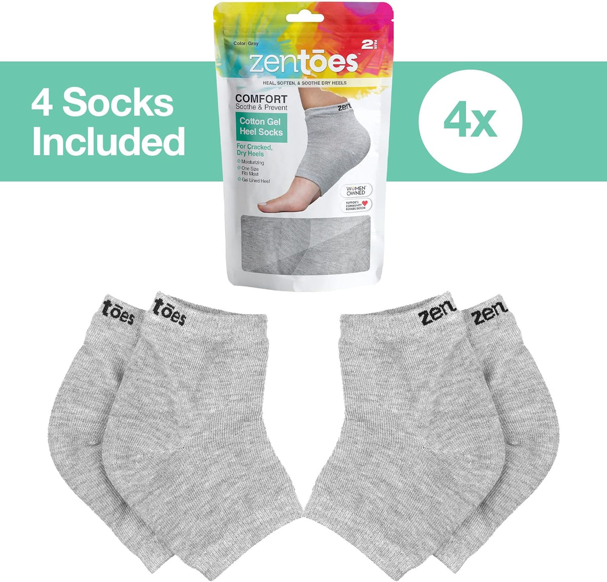 ZenToes Moisturizing Heel Socks 2 Pairs Gel Lined Toeless Spa Socks to Heal and Treat Dry, Cracked Heels While You Sleep (Regular, Gray)