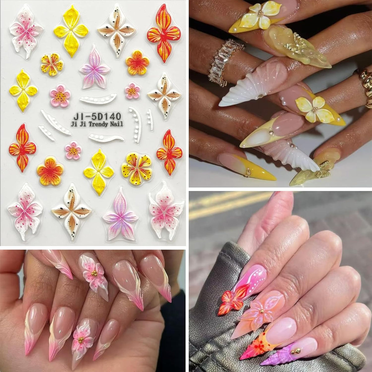Nail Art Stickers Decals 5D Embossed Flower Nail Decals Self Adhesive Spring Summer Plumeria Nails Supplies 3D Design for Women Decoration Colorful Flower Nails Stickers