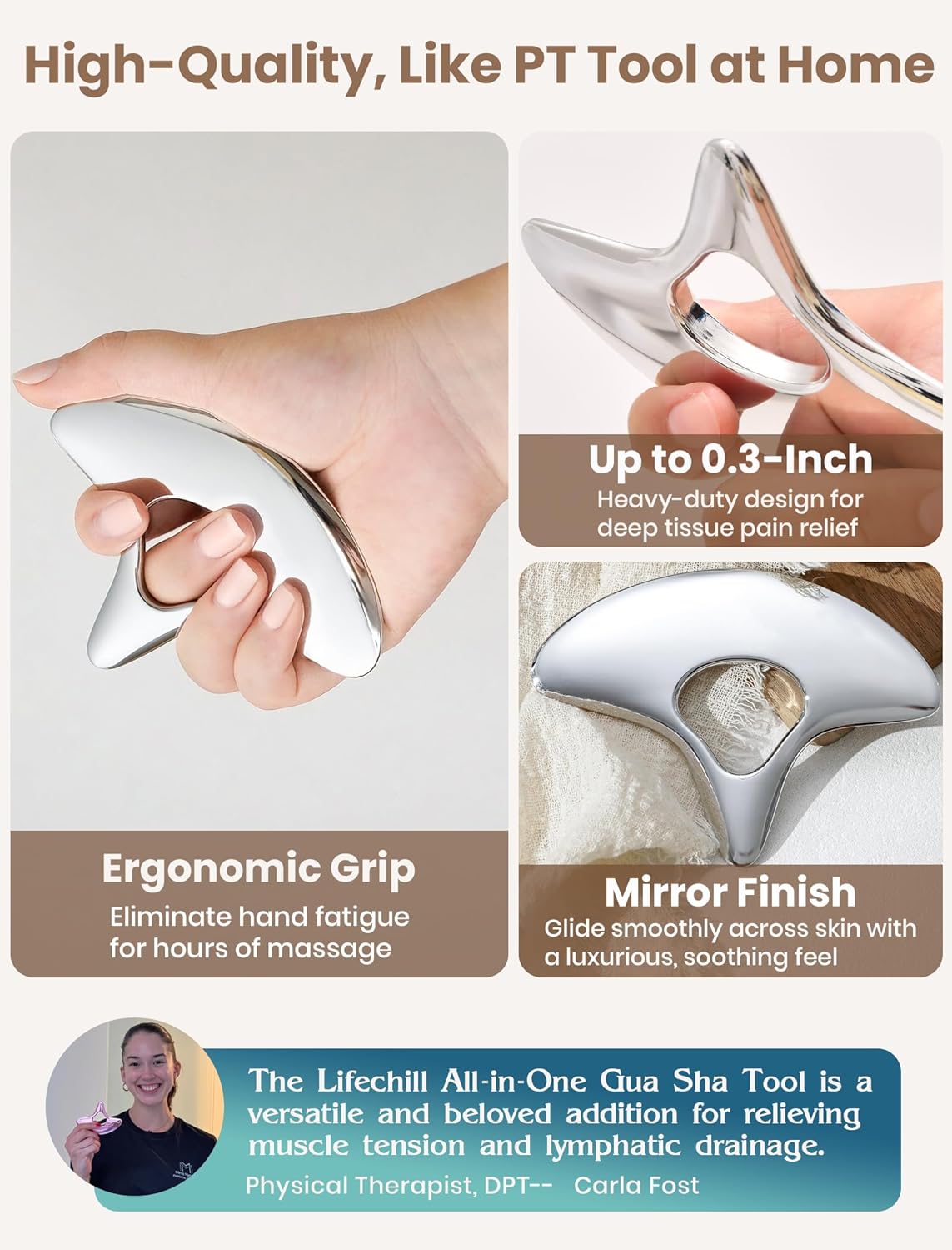 lifechill Heavy-Duty Stainless Steel Gua Sha, Muscle Scraper Tool, Lymphatic Drainage Massager for Self Care, Metal GuaSha Tool for Full Body, Trigger Point Massage Tools for Pain Relief