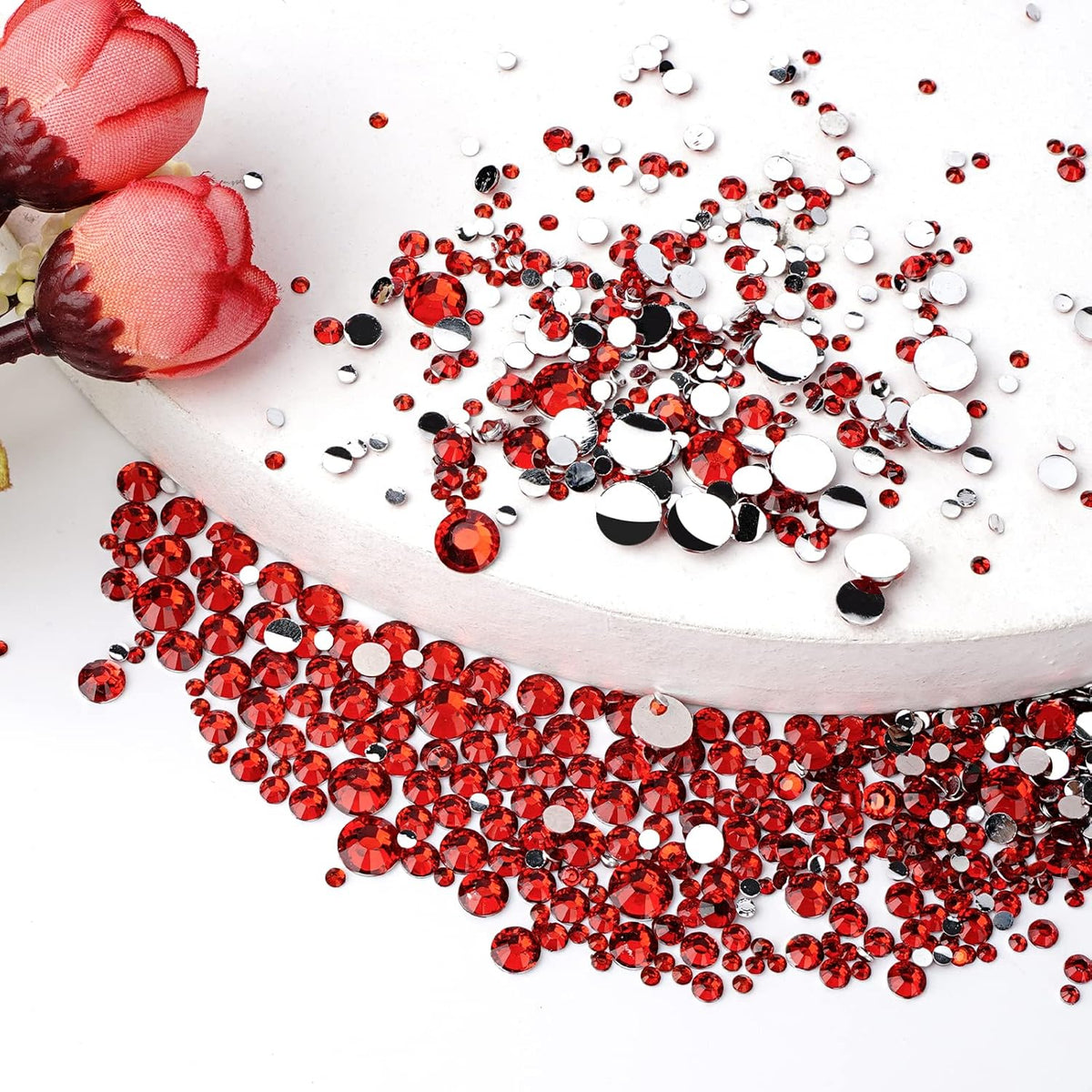 Canvalite 2784PCS Red Rhinestones Flat Back Gems, Nail Rhinestones Gems with 5Pcs Jewelry Glues, Pick Up Tweezers and Diamonds Picker Dotting Pen, Tools for Nail Art, Clothes, Face, Crafts