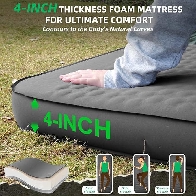 Self Inflating Sleeping Pad with Electric Pump, 4”Ultra-Thick Memory Foam Camping Mattress Pad, Ultralight Camping Sleeping Pad, 9.5 R-Value Insulated Sleeping Mat for Car Travel