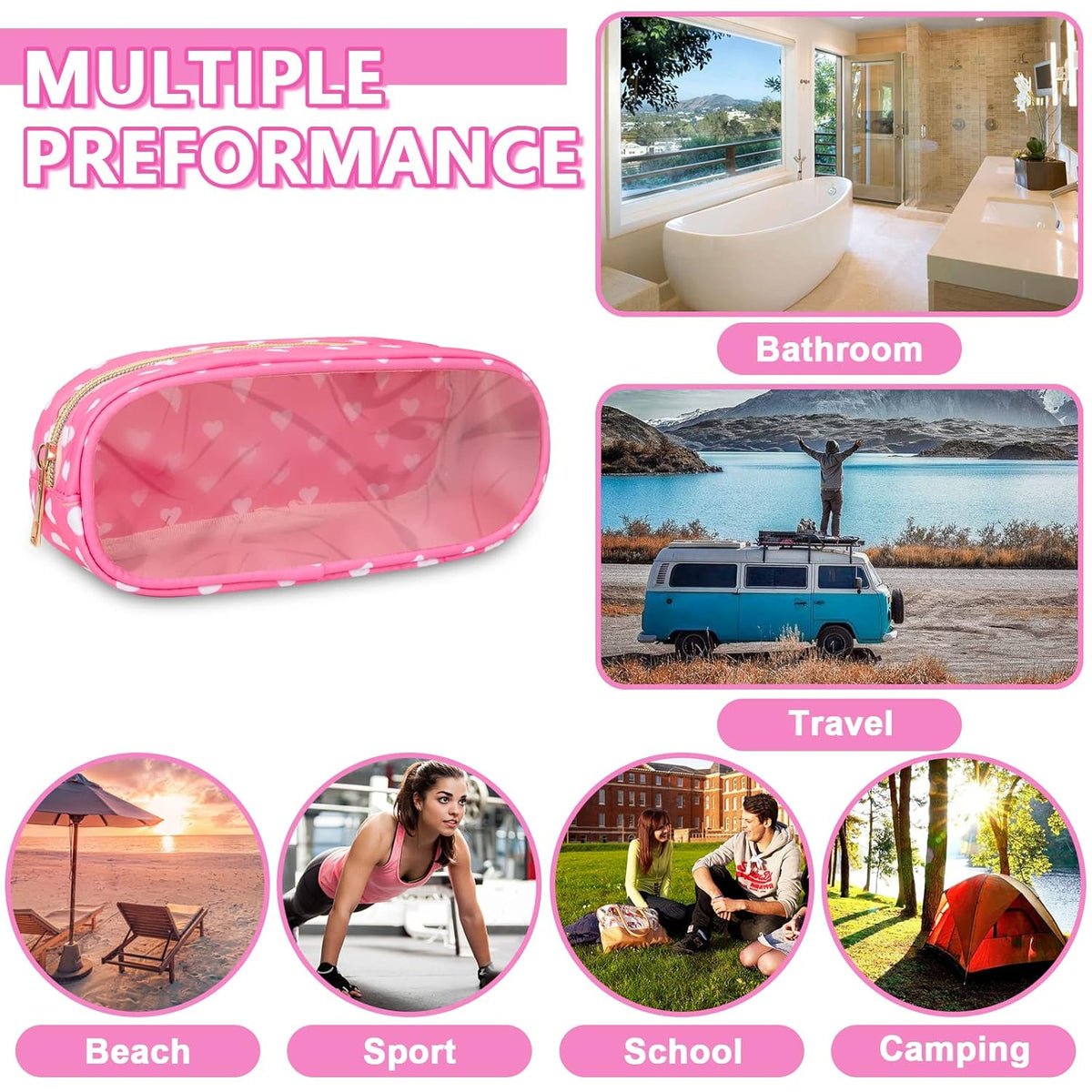 Clear Small Pencil Pouch Makeup Bag for Purse,Nylon&PVC Pencil Case Waterproof Makeup Brush Holder with Zipper,Preppy Transparent Pen Bag Travel Cosmetic Bag for Women Office(Slim-Pink Heart)