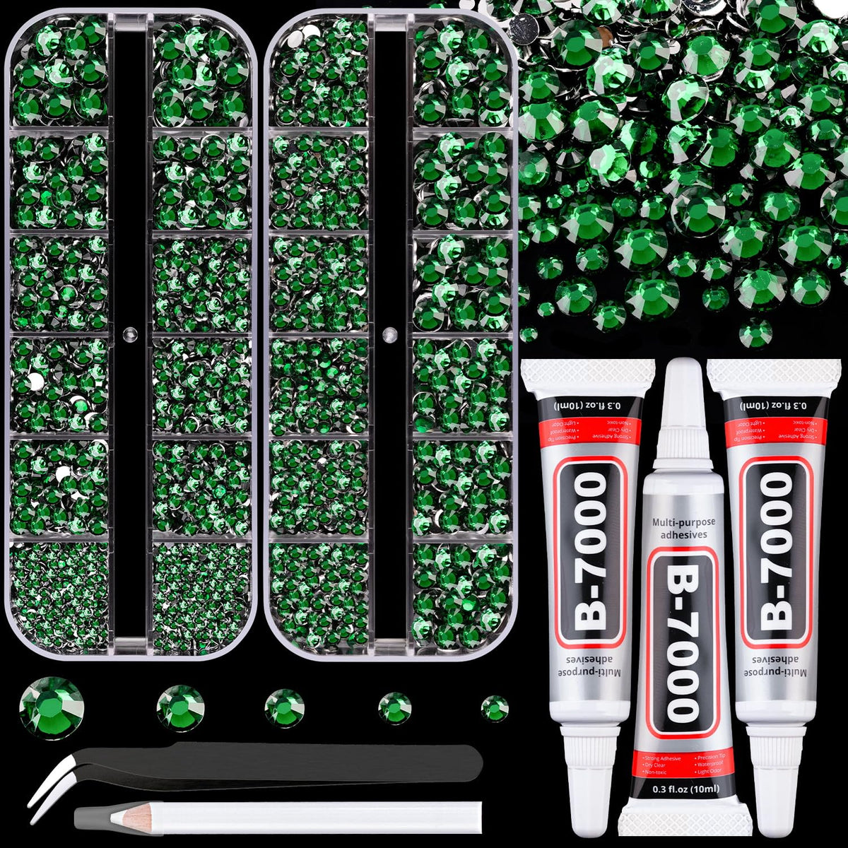 Resin Rhinestones for Crafting with B7000 Jewelry Glue, 2 Boxes Dark Green Flatback Crystals with 3Pcs 10ml Glue for Bedazzling Crafts DIY Nail Art Makeup，Non Hotfix Gems for Clothing Shoes