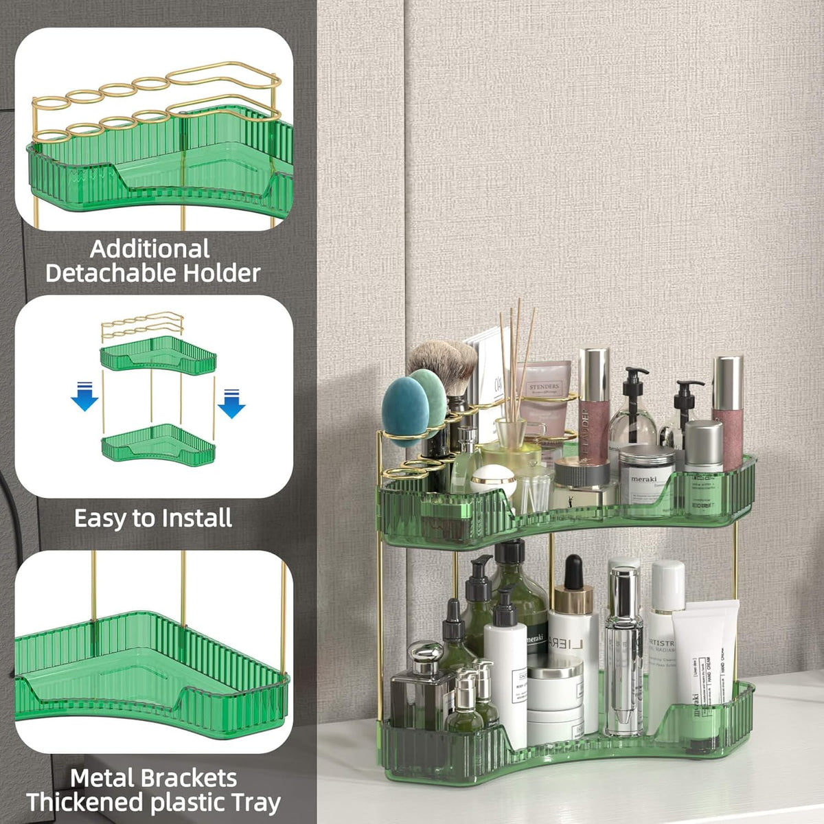 2 Tier Corner Bathroom Organizer Countertop, Vanity Makeup Organizer with Brush Holder, Space-Saving Skincare Storage Corner Shelf for Bathroom, Dressing Table, Kitchen