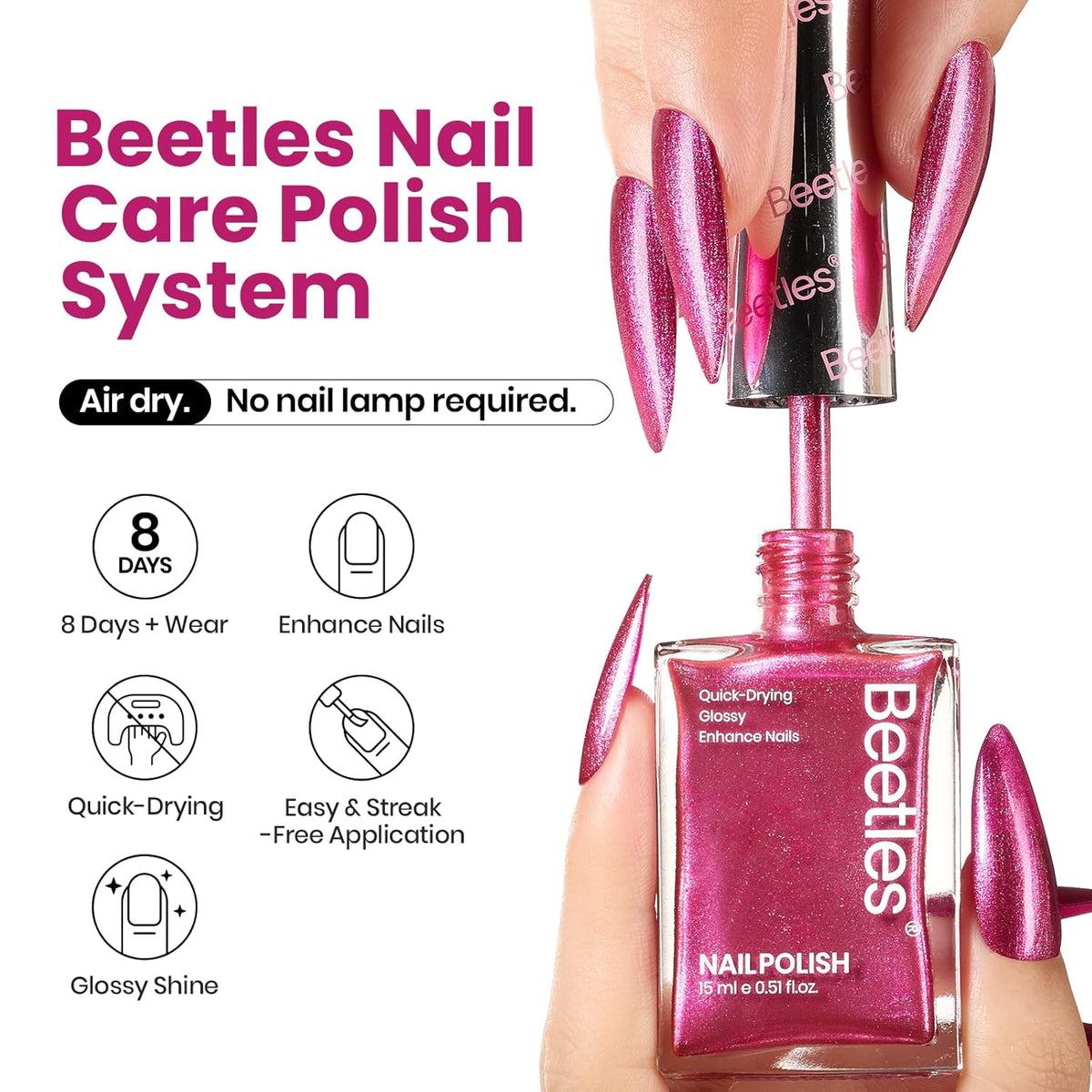 Beetles Hot Pink Nail Polish 15ml, Valentines Day Gifts for Women Fast Drying & Long Lasting Glitter Nail Polish Pink Nail Lacquer Glossy for DIY Nail Salon-Quality Results