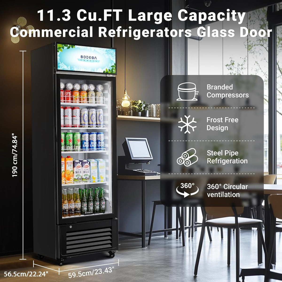 BODEGACOOLER Commercial Refrigerators with 4 shelves, 240 cans &160 bottles Beverage, 11.3 Cu. Ft. Commercial Merchandiser Refrigerators with Soft LED Light,For Garage, Gym, Man cave, Shop, Office.