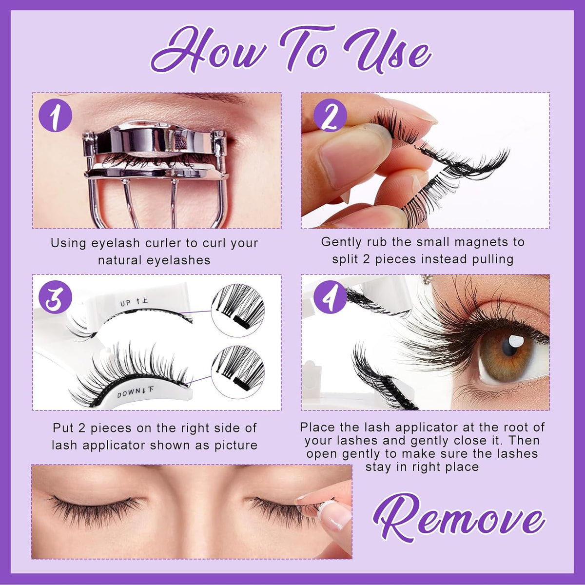 4-Pairs Magnetic Eyelashes Kit with Applicator: Natural Reusable Soft Waterproof False Lash, No Glue Needed, Wendy Lashes, 079+B01