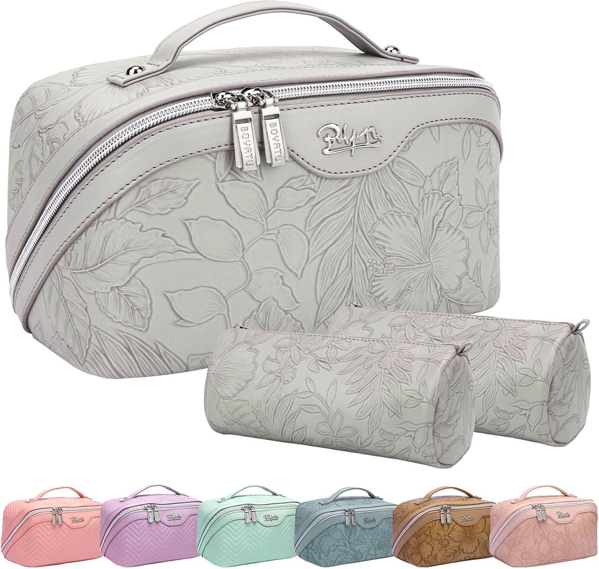 BOYATU Travel Makeup Bags Cosmetic Organizer Bag: 3-Set Large Capacity Make up Bag - PU Leather Toiletry Bags for Women - Wide Open Portable Pouch with Divider & Handle (03-Light Gray)