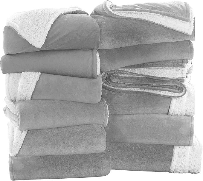 IR Imperial Rooms Silver Sherpa Fleece Throw Blanket Twin Size for Bed - Wholesale Bulk Pack of 12 Sherpa Blankets - Soft Fluffy Throw Blankets for Hotels, Guest Bedroom, 60x80 Inches