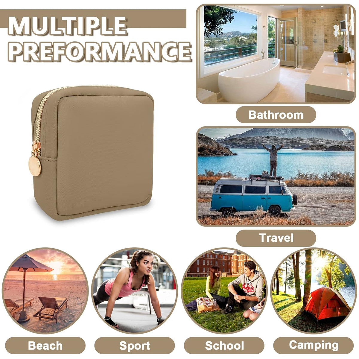 Mini Makeup Pouch for Purse, Small Cosmetic Bag Pouch Nylon Travel Toiletry Organizers for Women Girls, Cute Zipper Pouch Coin Purse Preppy Storage Bag for School Work(Mini-Khaki)