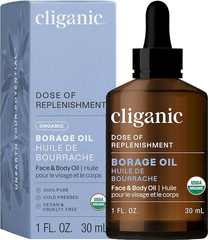 Cliganic Organic Borage Seed Oil for Face, 100% Pure (1oz) - Natural Non-GMO Cold Pressed (Packaging May Vary)