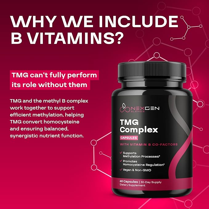 TMG Trimethylglycine Supplement with Methyl B Complex - 500mg Betaine TMG Supplement with Methylated Vitamin B Co Factors for Homocysteine Heart & Liver Support - Vegan & Non-GMO (1 Month Supply)