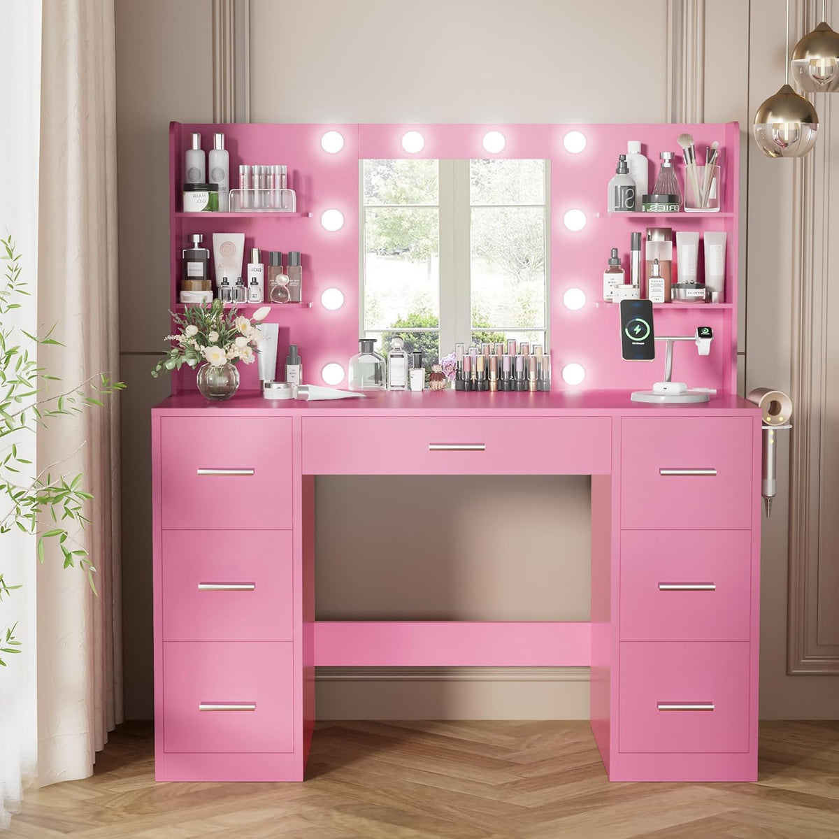 YESHOMY Vanity Desk with Mirror, Power Outlet and 10 Lights, Makeup Table with 7 Drawers, 3 Color Modes Available for Bedroom, Pink