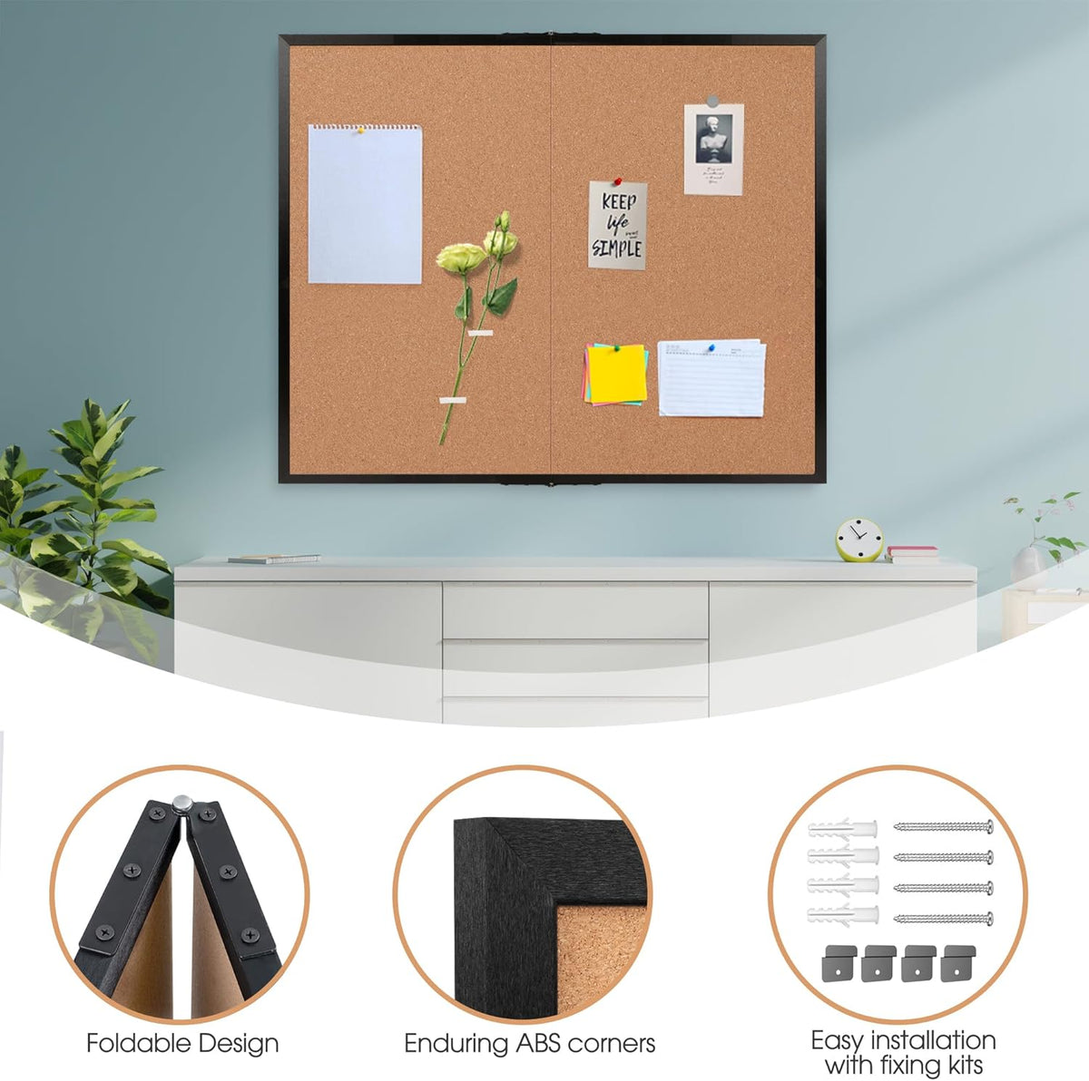 Board2by Extra Large Cork Bulletin Board 48" X 48", Foldable Notice Pin Board for Wall, Black Wood Framed 4'x4' Corkboard, Wall Mounted Noticeboard with 32 Push Pins for School, Home & Office