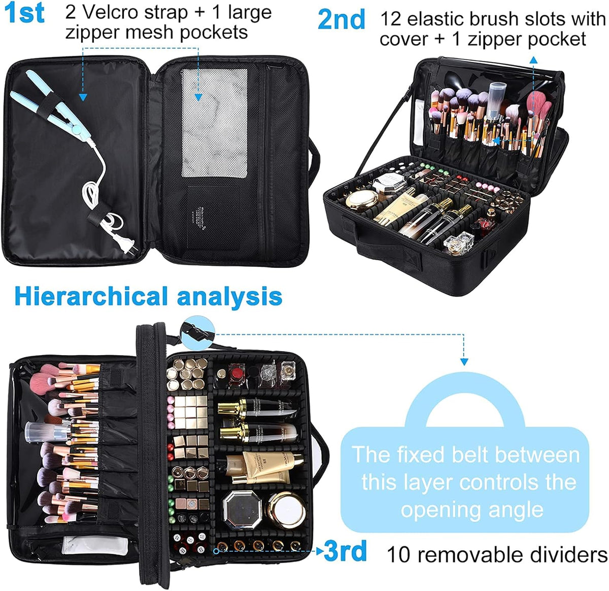 JOURMON Travel Makeup Case Portable Makeup Train Case Organizer Cosmetic Bag with Adjustable Dividers and Shoulder Strap for Makeup Brushes Toiletry Travel Accessories(Pure Black, L)