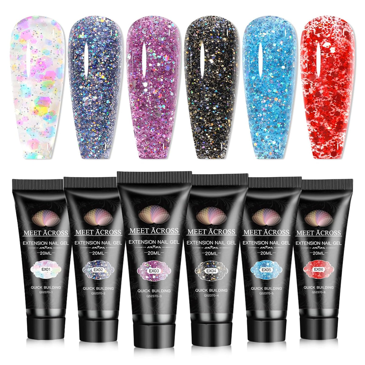 MEET ACROSS 20ML Poly Nail Gel Set - 6 Colors Glitter Sequins Extension Nails, Blue Black Red Purple Long Lasting, Shiny-looking, Strong Builder Enhancement for Salon Manicure DIY at Home