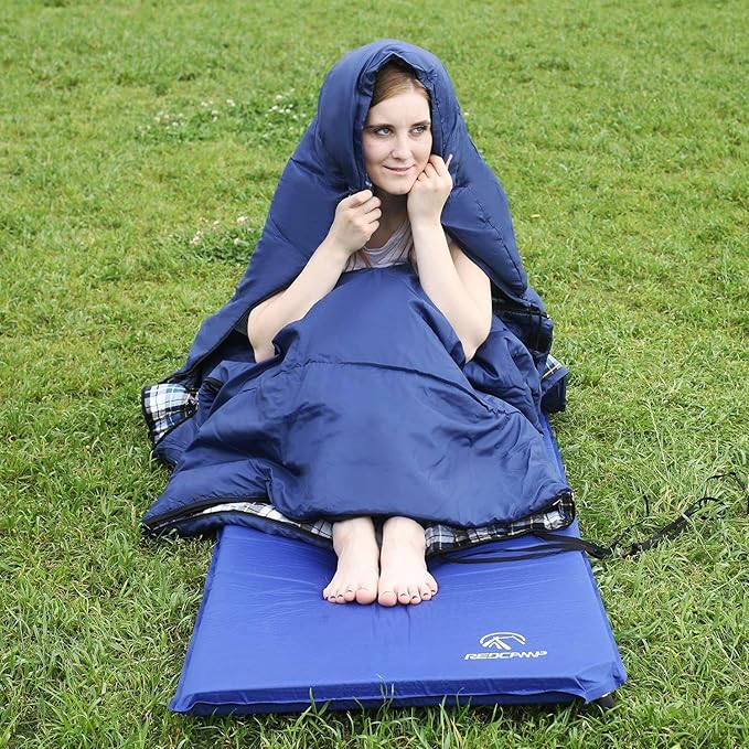 REDCAMP Flannel Sleeping Bag for Adults, Comfortable Cotton Sleeping Bags for Camping with Detachable Hood, Red/Grey/Blue