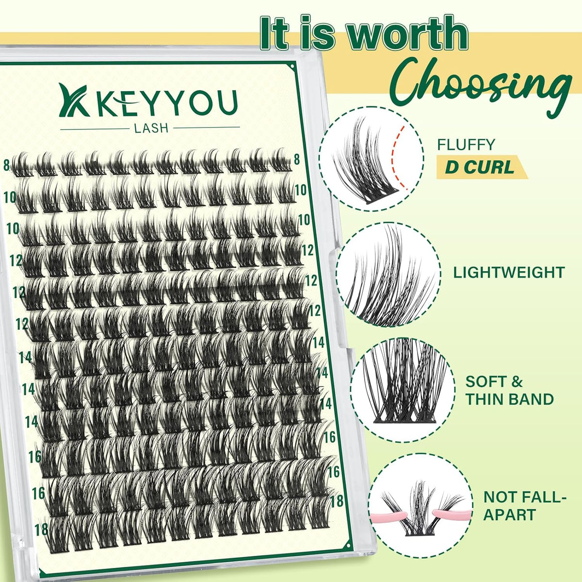 KEYYOULASH Lash Clusters Manga Lash Extension D Curl 144pcs 8-18mm Wispy Eyelash Clusters Natural Volume Eyelash Extensions Individual Lashes DIY at Home(KY06,D-8-18MIX)