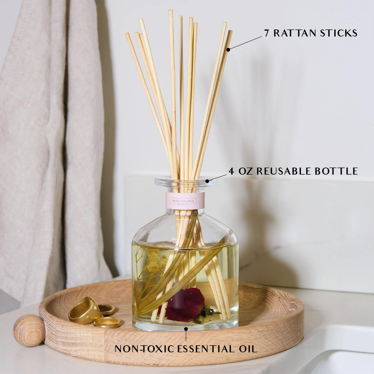 Benevolence LA Reed Diffuser, Rose & Sandalwood Scent Diffusers for Home with Oil Diffuser Sticks | Sun-Kissed Collection