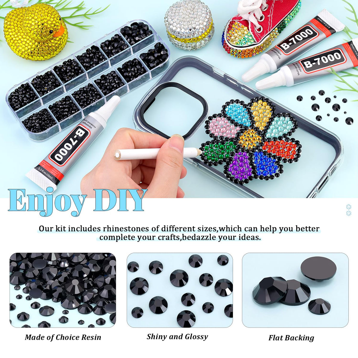 6000Pcs Resin Rhinestones for Bedazzling with 3Pcs B7000 Jewelry Glue, 1 Box Black Flatback Rhinestones for Crafting Crafts DIY, Crystals Gems for Clothing Shoes Tumblers Nail Art Makeup