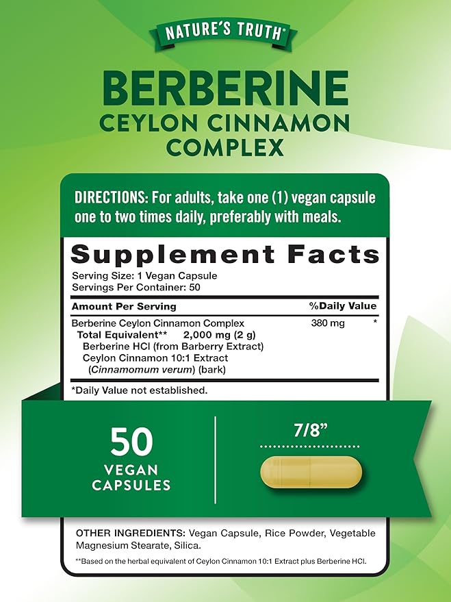 Nature's Truth Berberine with Ceylon Cinnamon Complex | 2,000mg | 50 Vegan Capsules | Vegan, Non-GMO, and Gluten Free Supplement