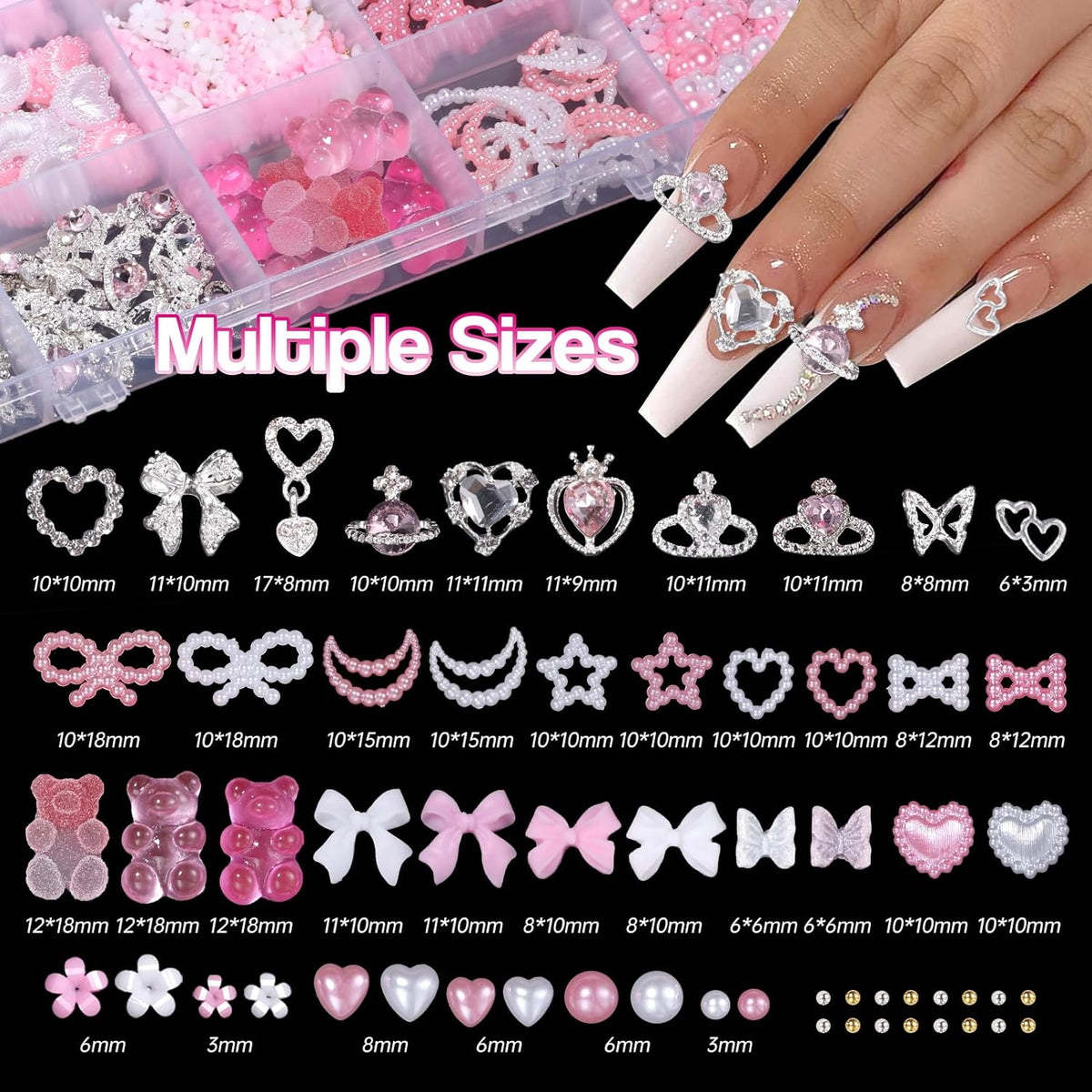 Silver Nail Gems Charms, 3D Pink Color Nail Art Charms, Acrylic Blossom Tiny Flowers Flatback Multi Styles Pearls Nail Charms Planet Heart Butterfly Nail Diamond Charms for Nails Manicure DIY Crafts
